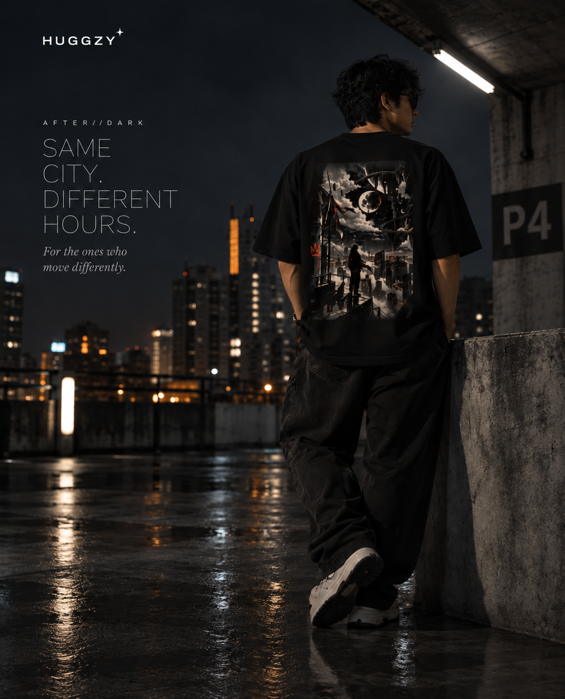 HUGGZY After//Dark — city rooftop at night, After//Dark graphic tee