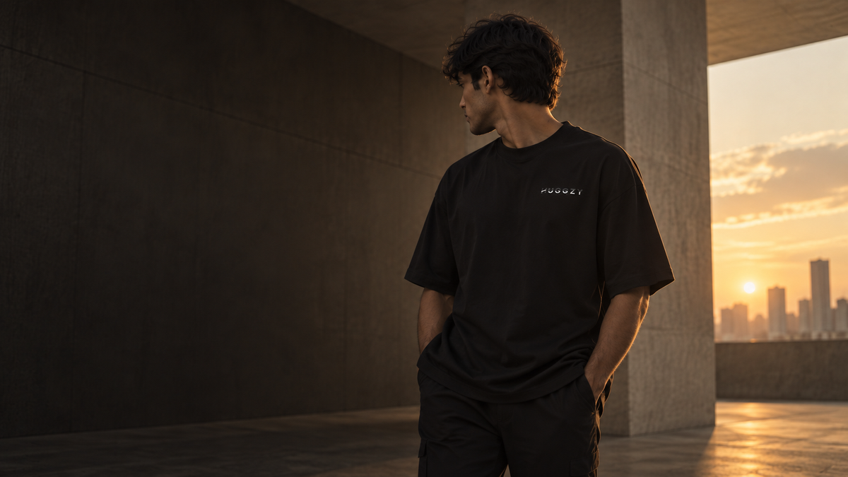 HUGGZY Essentials — black oversized T-shirt, concrete terrace at sunset